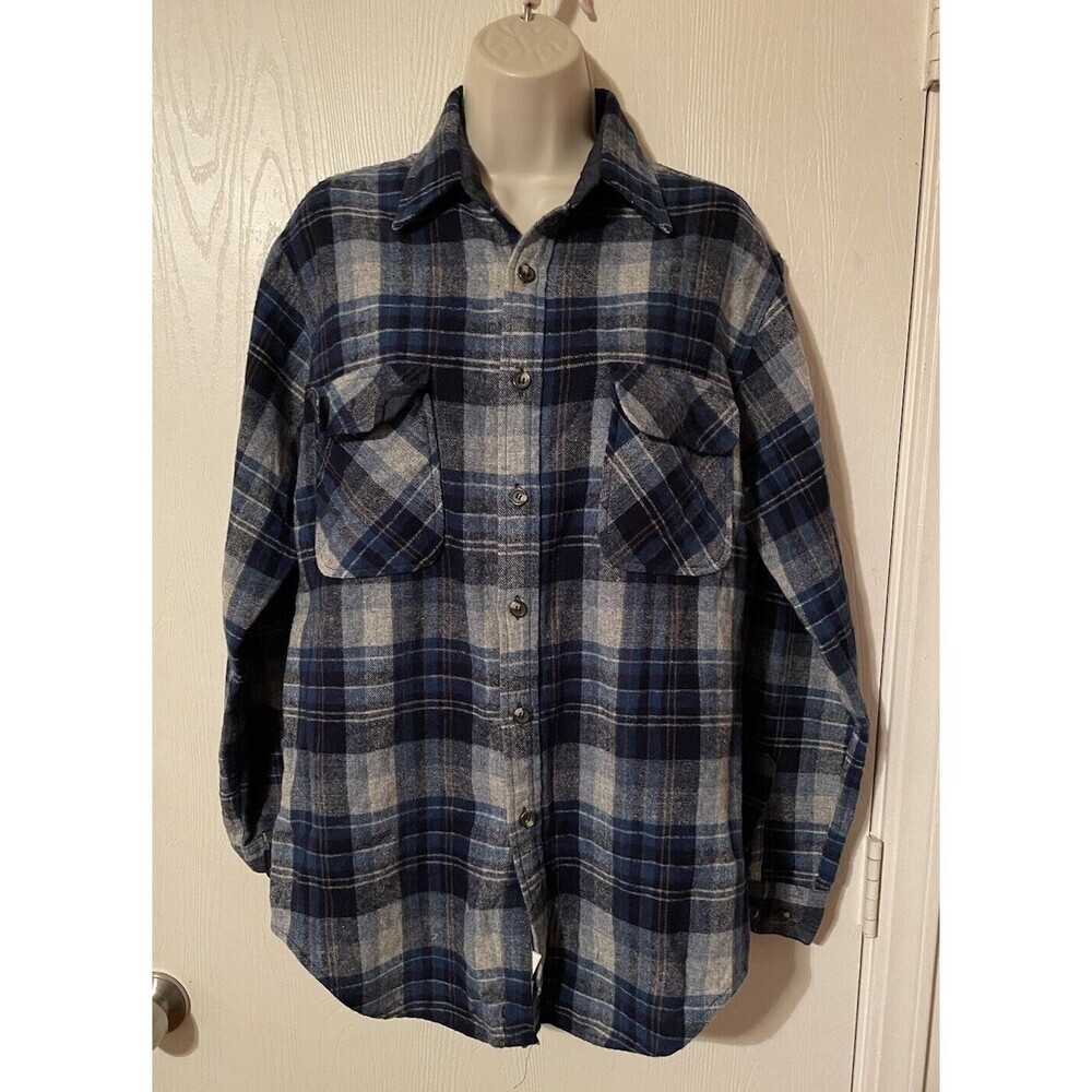 Vintage 1970s Dark Blue & Gray Briggs Wool Blend Flannel Shirt Medium Korea